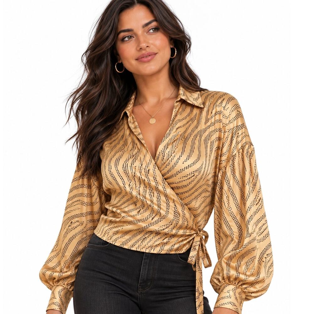 ASOS Design Satin Wrap Top Womens Size 4 Camel Black Zebra Striped Wrap Arund S